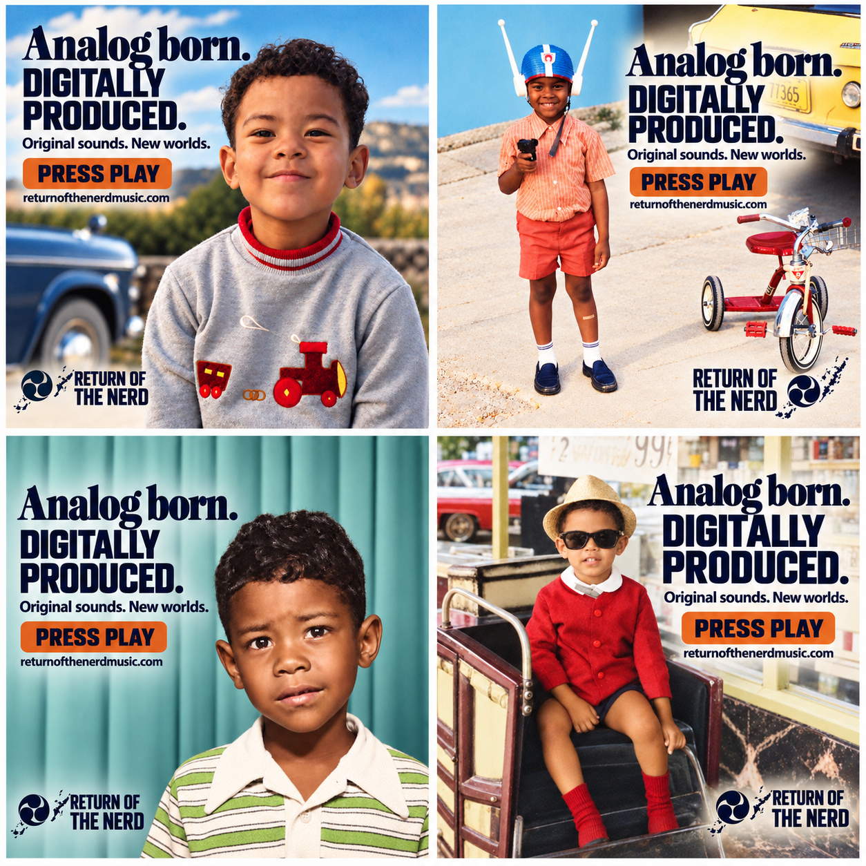 Four childhood portraits of Johnie Tidwell, Jr. in a Return of the Nerd collage with Analog born, Digitally produced, and Press Play branding